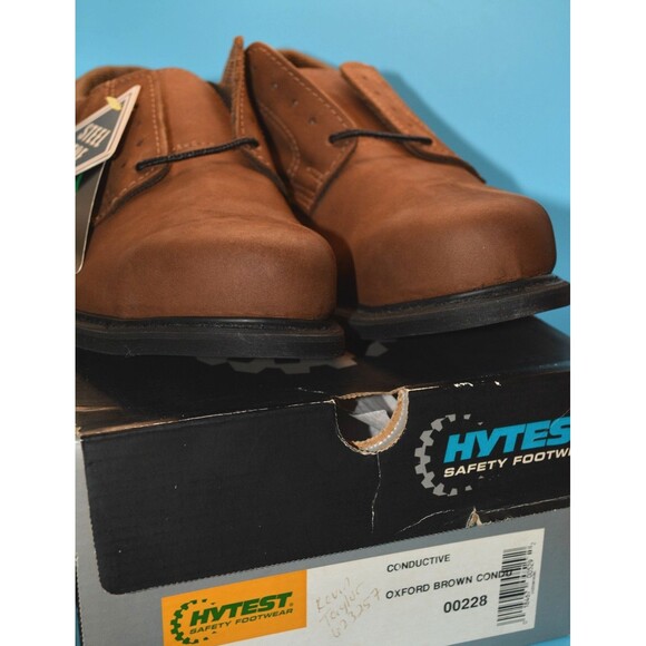 Hytest Sz 10 EEE Steel Toe Conductive Oxford Work Shoes Brown Leather Slip Grip - Picture 1 of 8